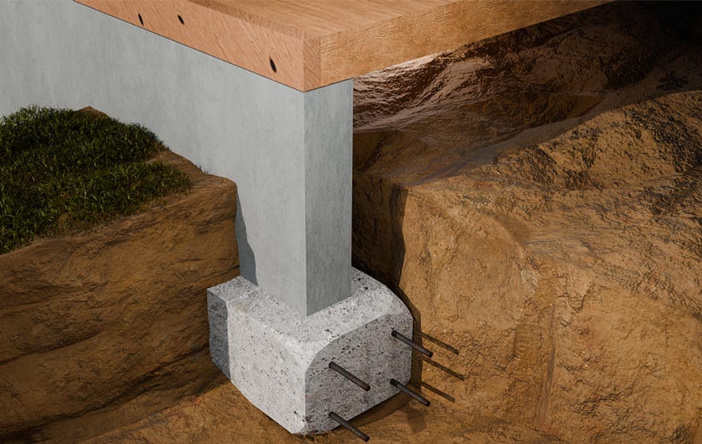Stem walls are short, partially submerged foundational walls up to one foot wide and around three feet tall, forming a continuous building perimeter. About a third of the wall is submerged below the ground and connects to concrete footers, while the top is connected to the building's exterior walls and potentially a concrete slab.
