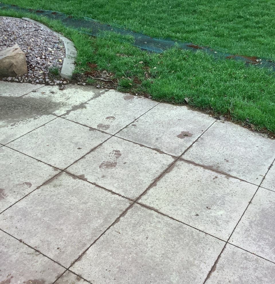Newly installed concrete paver flatwork with proper joint spacing adjacent to landscaping and gravel edging.