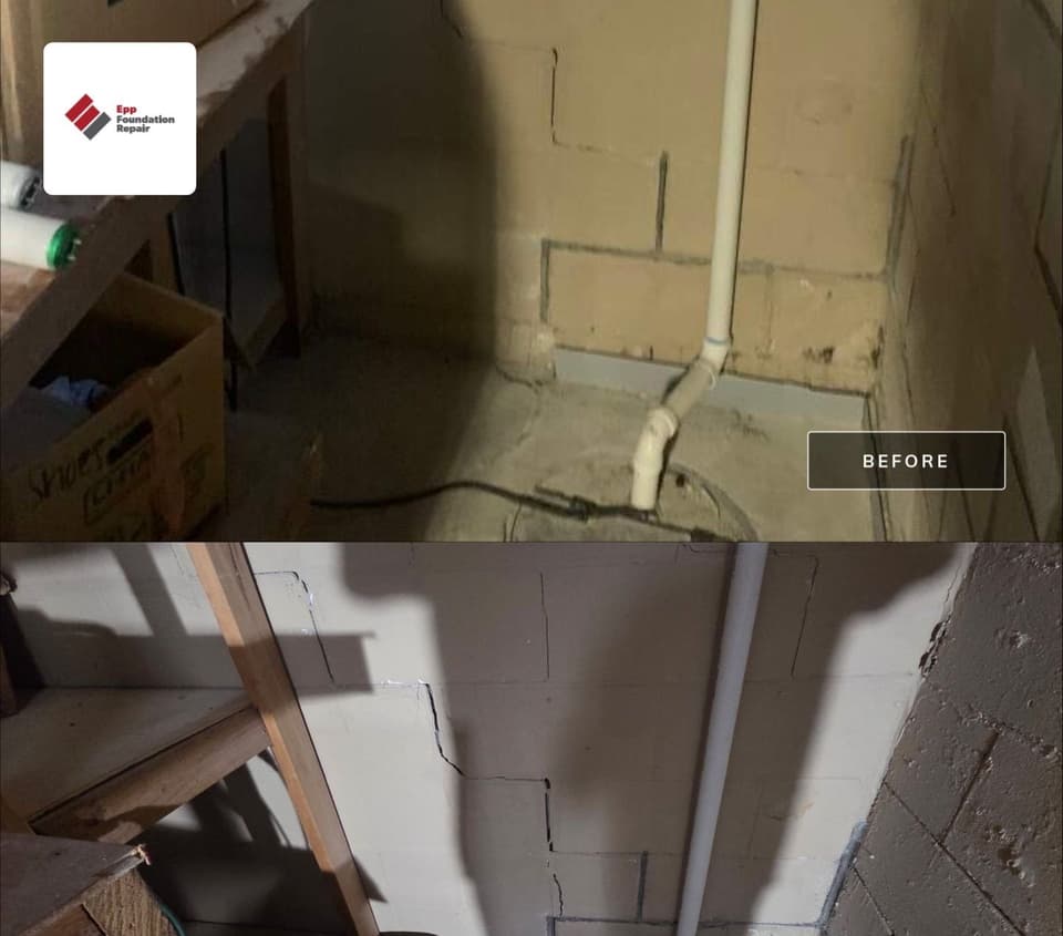 Before and after comparison showing interior drainage system installation with white PVC pipes and channels along the foundation perimeter, with the after image showing a clean, completed installation.