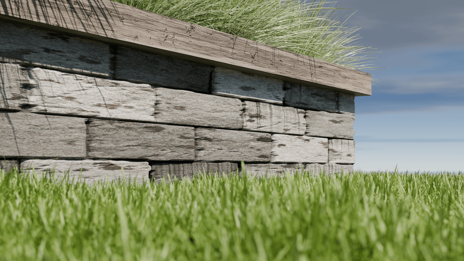 Illustration of a healthy timber and block retaining wall in a landscaped exterior setting with grass and sky.