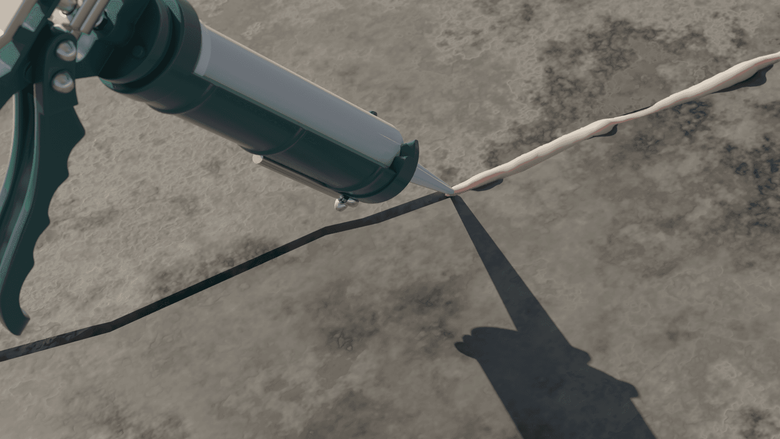 Illustration of a caulking gun applying sealant into a long crack on a textured concrete surface.