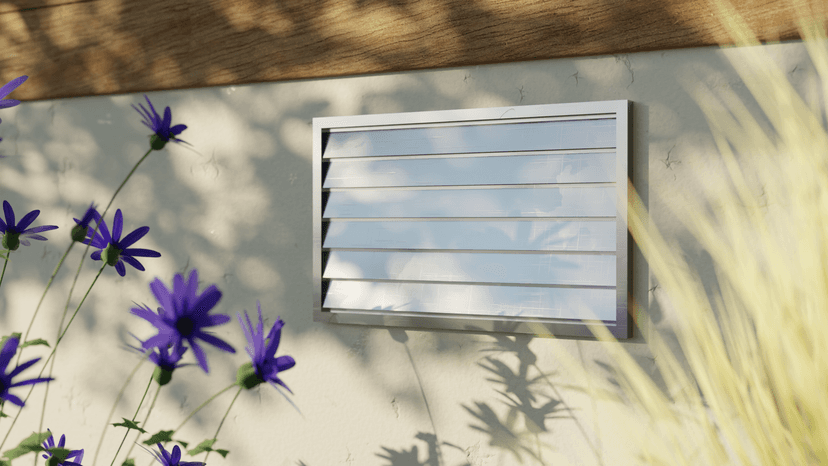 Illustration of a louvered foundation vent on an exterior crawl space wall, surrounded by plants.