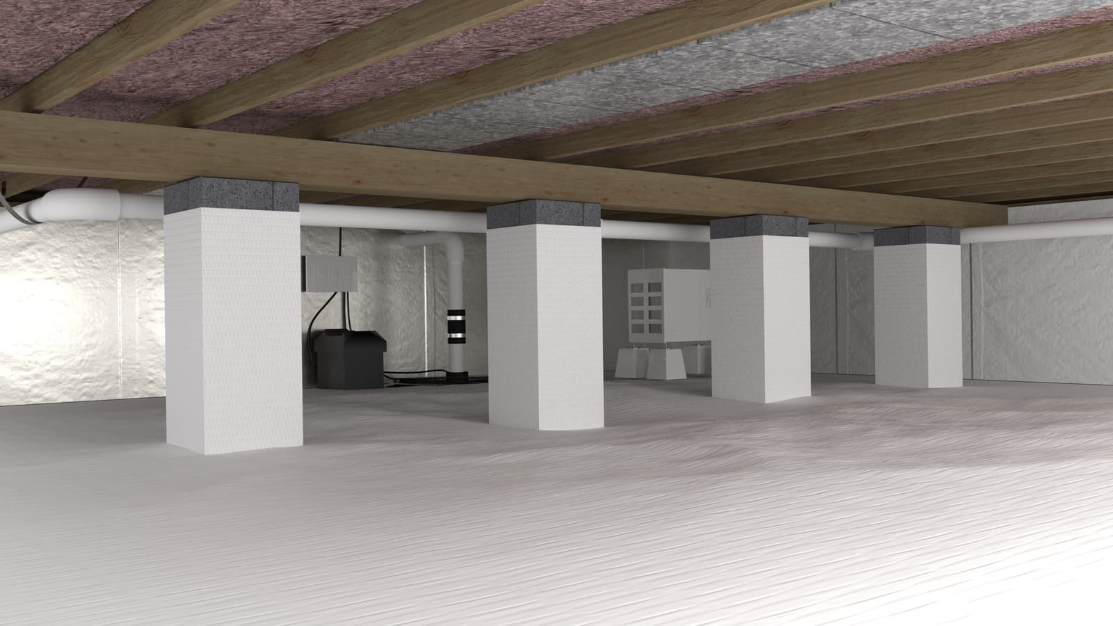 Illustration of a sealed crawl space with a vapor barrier, sump pump, dehumidifier, and wrapped foundation piers