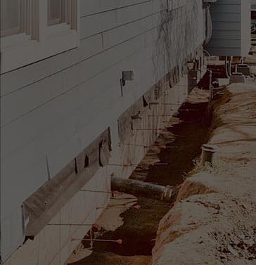 Epp Foundation Repair stabilizing an exterior stem wall with reinforcement rods and installing waterproofing membrane.