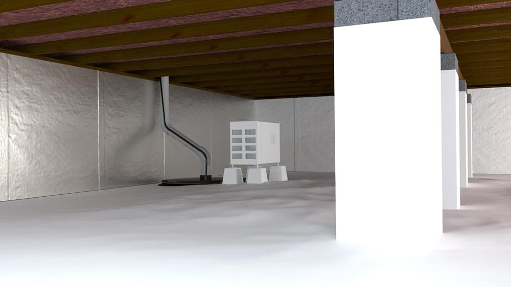 Epp Foundation Repair installing vapor barrier, sump pump, and dehumidifier in an encapsulated crawl space