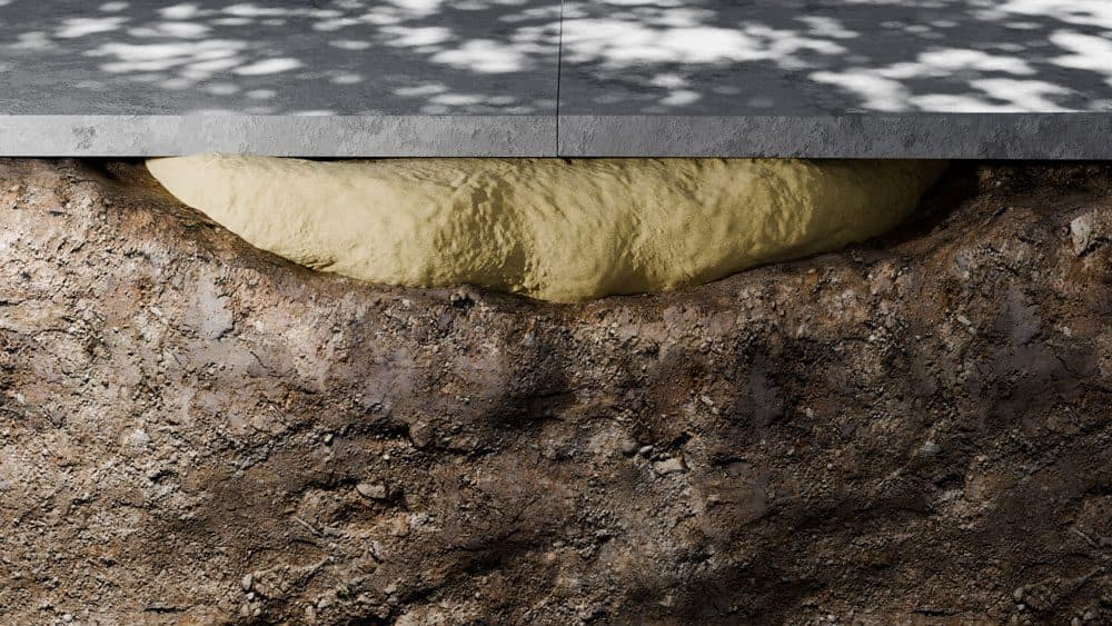 Epp Foundation Repair demonstrating polyurethane foam injection filling a void under a concrete slab.
