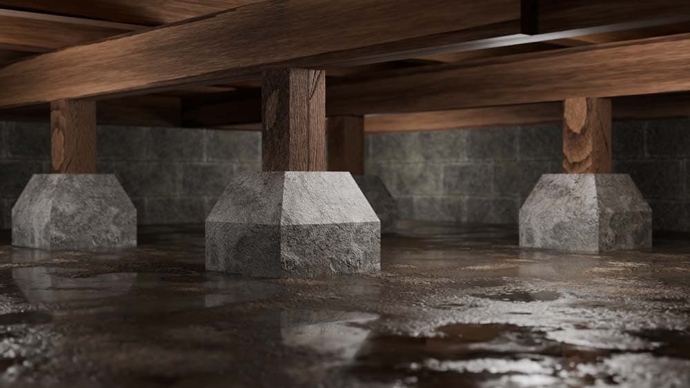 Epp Foundation Repair inspecting standing water and moisture in a wet crawl space with wooden beams and concrete piers.