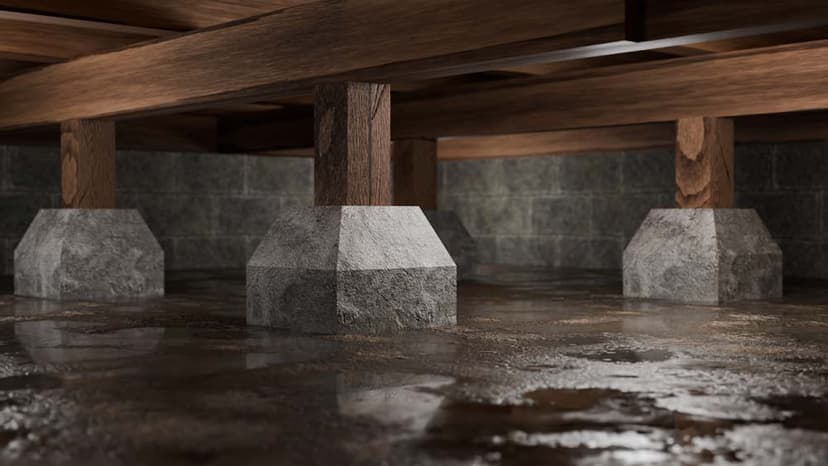 Epp Foundation Repair inspecting standing water and moisture in a wet crawl space with wooden beams and concrete piers.