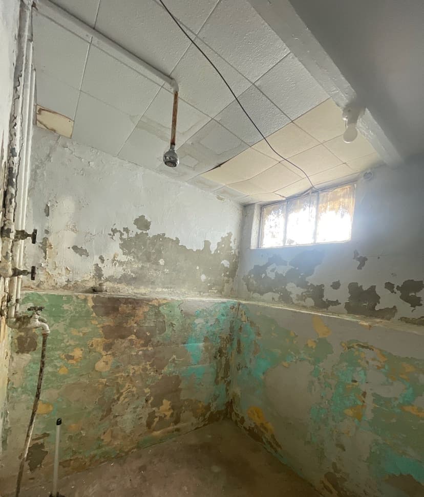 Epp Foundation Repair inspecting a severely water-damaged basement with peeling paint and a sump pump in Sutton, NE.