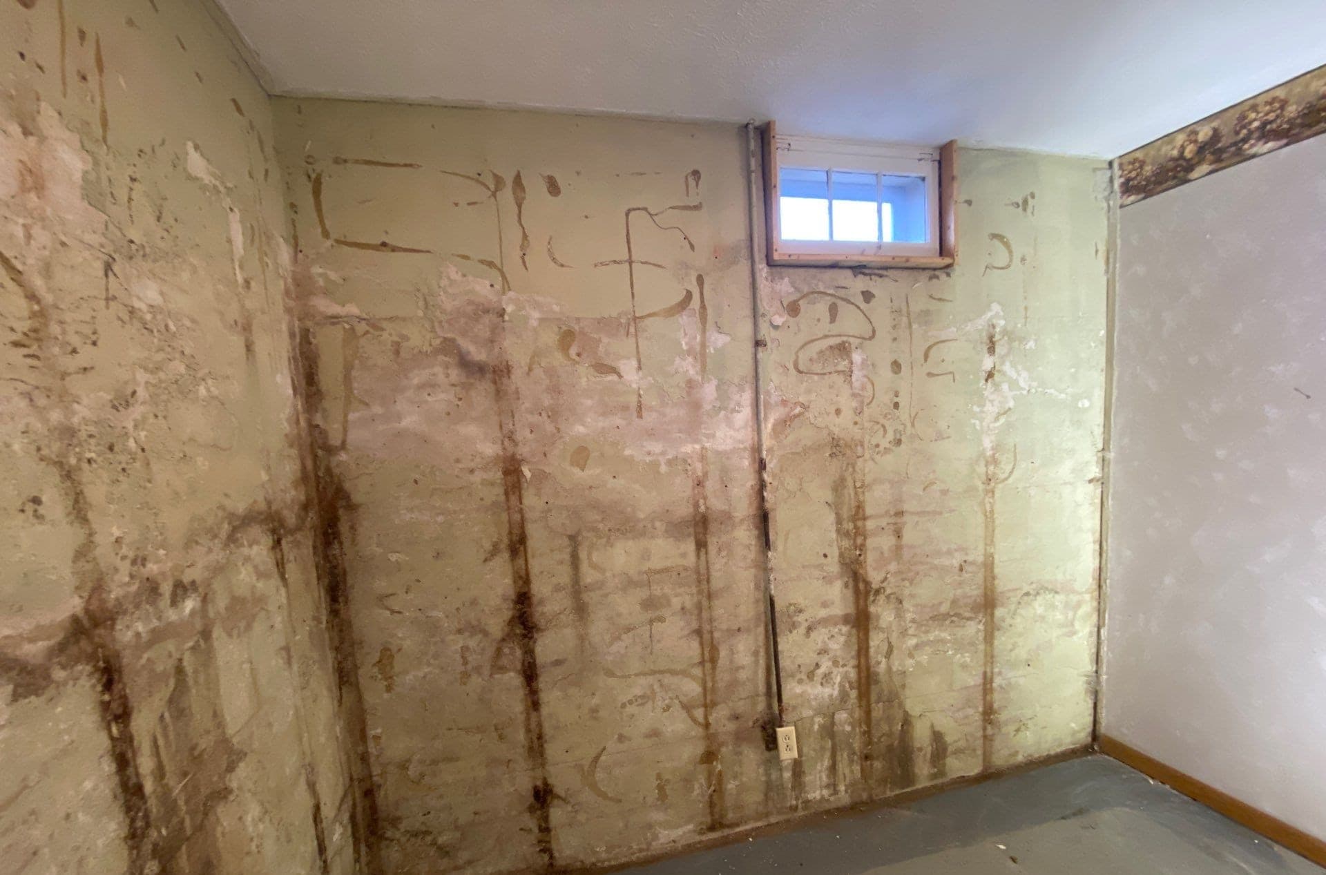 Epp Foundation Repair inspecting extensive water damage and peeling paint on a basement wall in Beatrice, NE