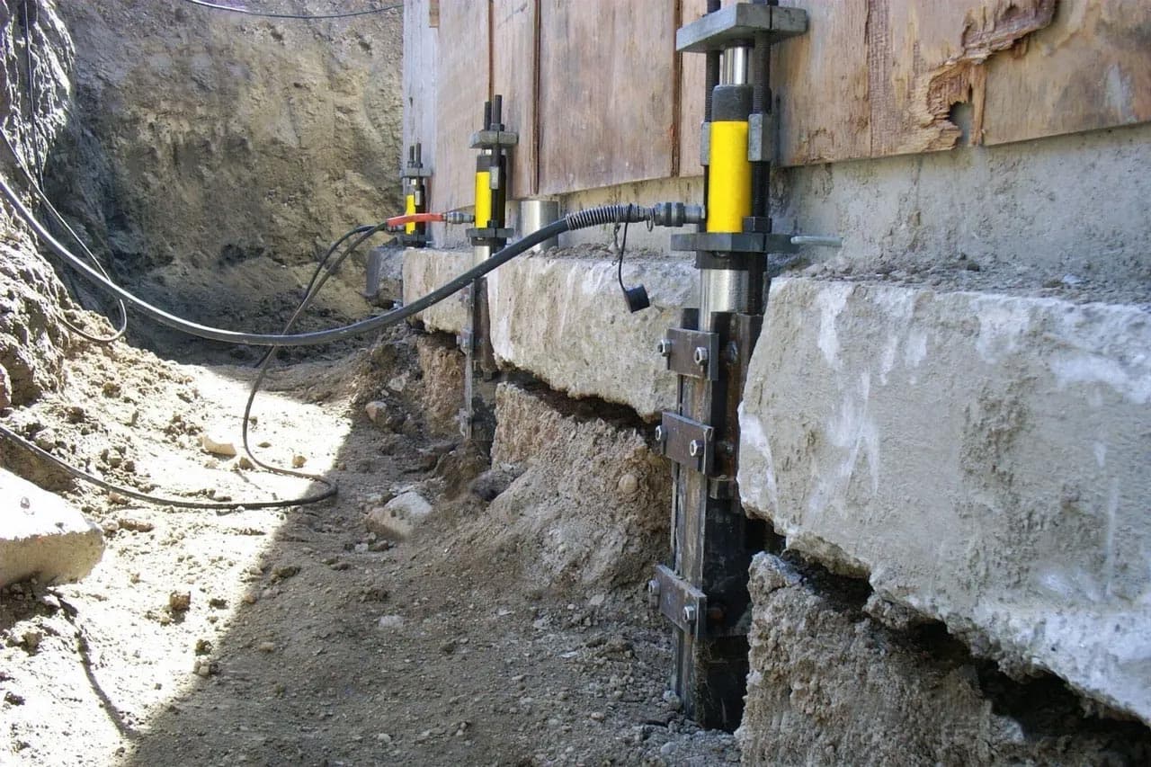 Epp Foundation Repair installing push piers with hydraulic rams to stabilize an exposed foundation footing.