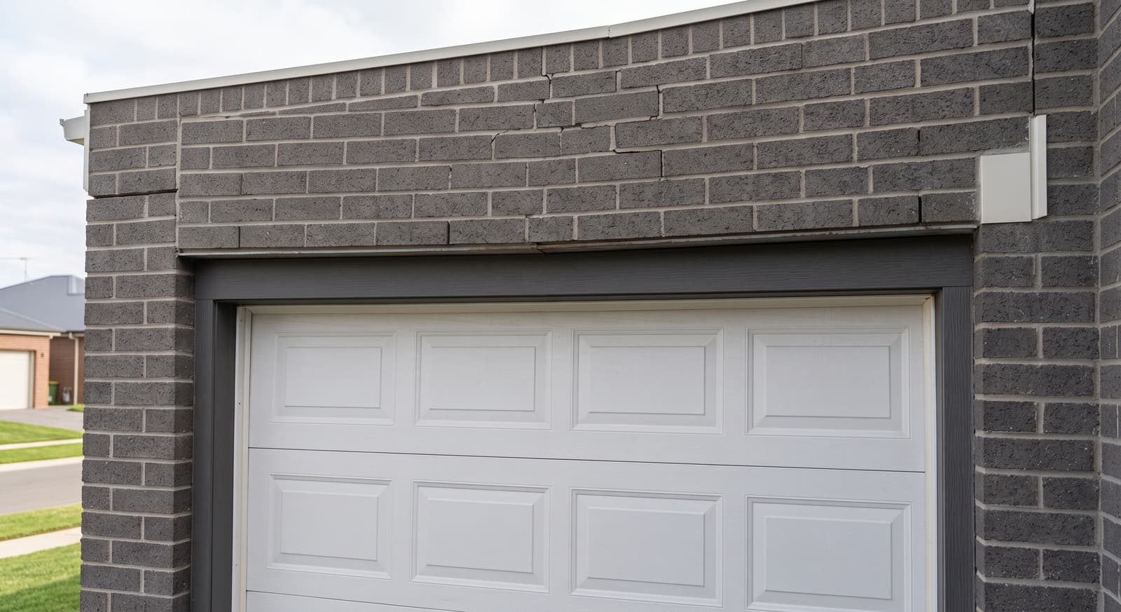 Epp Foundation Repair inspecting a sagging lintel above a garage door with stair-step cracks in the brick.