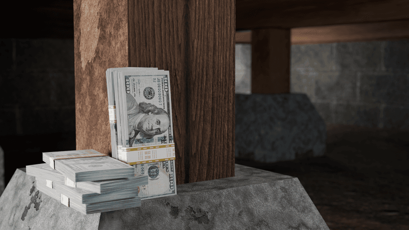Epp Foundation Repair illustrating crawl space repair benefits with stacks of cash in a dark crawl space.