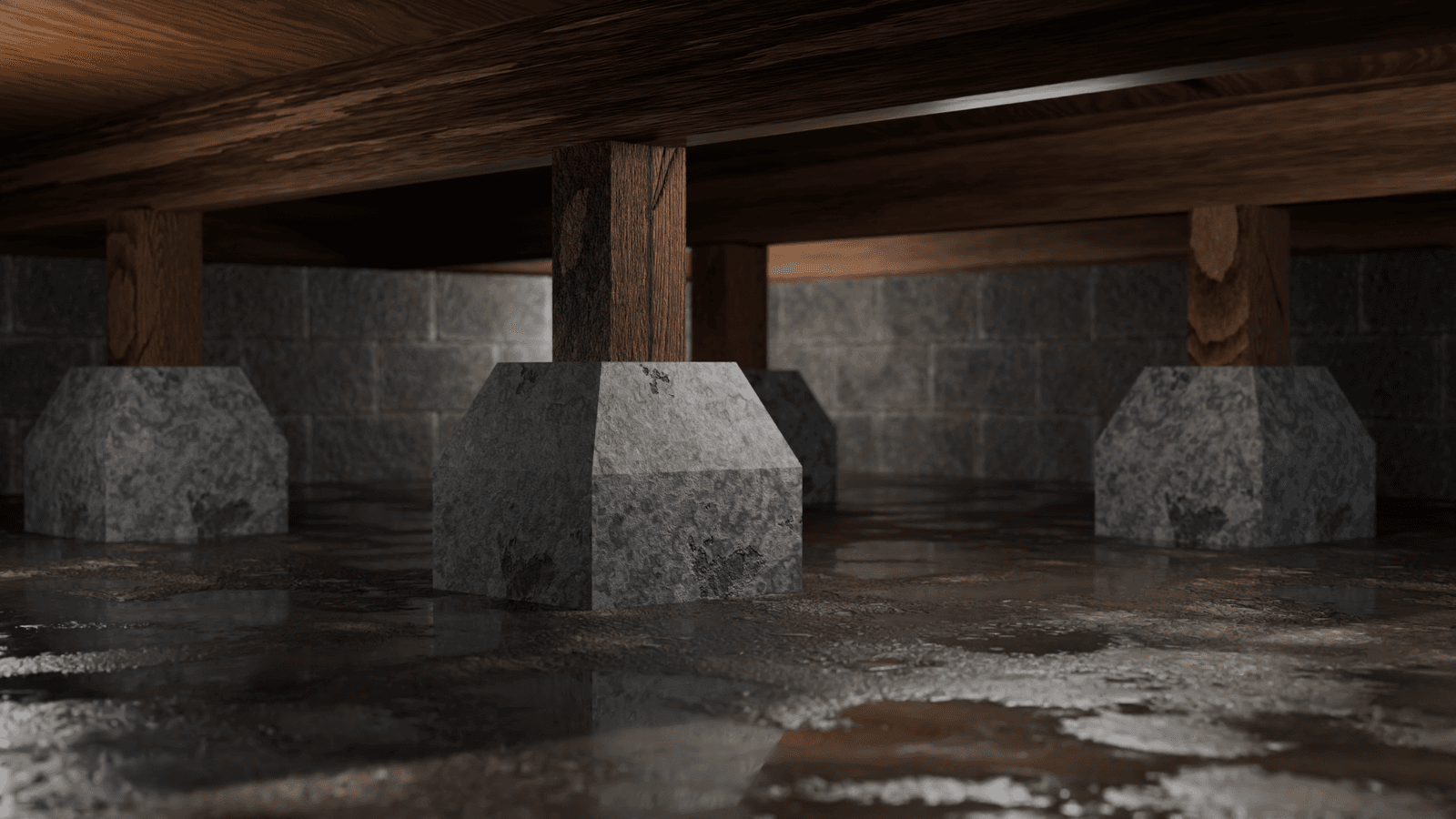 Epp Foundation Repair identifies standing water and moisture in a dark, wet crawl space with wooden beams.