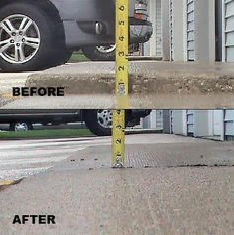 Epp Foundation Repair demonstrating concrete leveling before and after a slab lift using a tape measure.