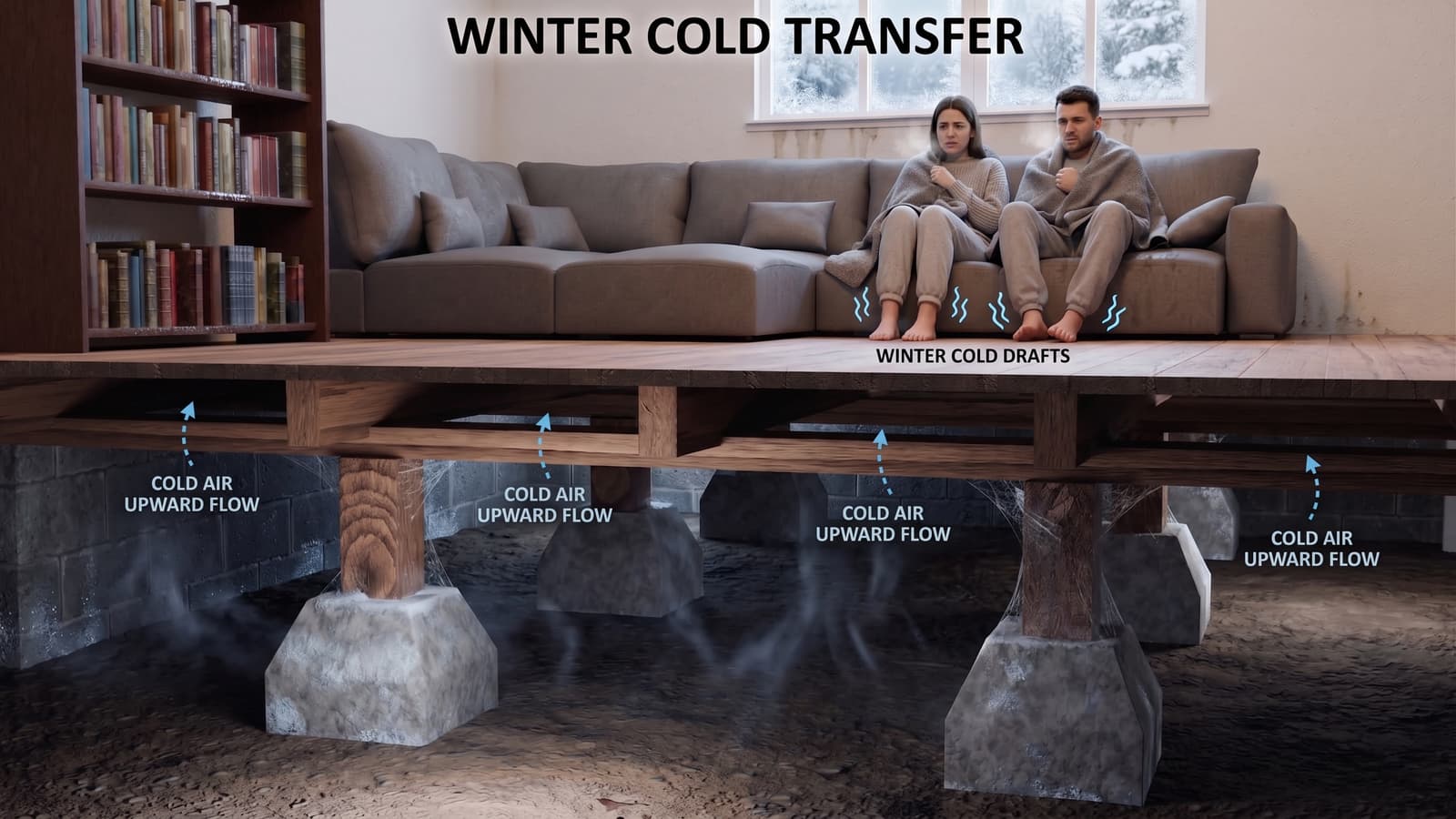 Epp Foundation Repair diagram illustrating cold air transfer from a crawl space causing cold floors and drafts.