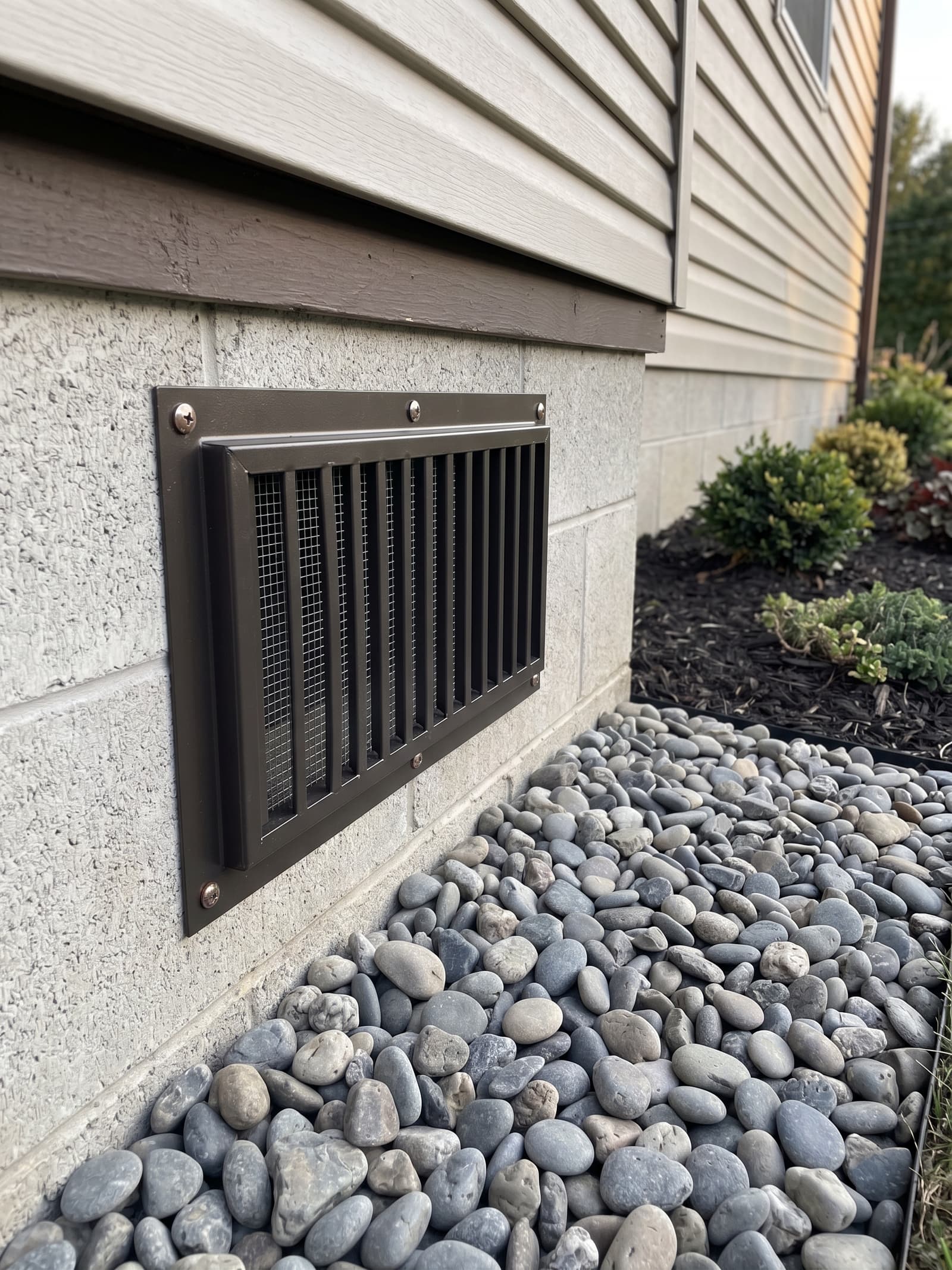 Epp Foundation Repair installing a new crawl space vent cover on a residential foundation.