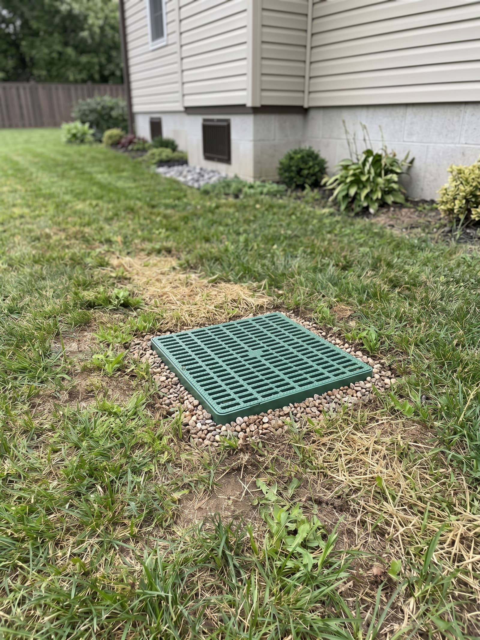 Epp Foundation Repair installing a green surface drain as part of a yard drainage system next to a home's foundation.