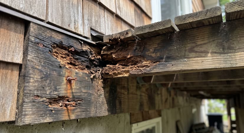 Epp Foundation Repair inspecting decaying wood and structural damage on an exterior support beam.
