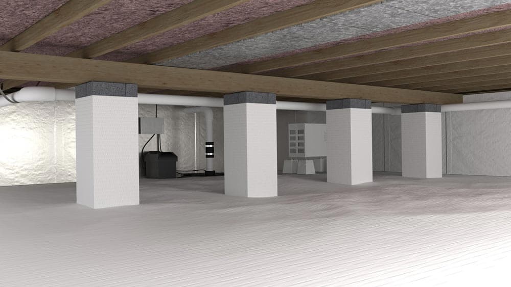 3D rendered illustration of a fully encapsulated crawl space showing wrapped support pillars, a dehumidifier unit and white vapor barrier walls