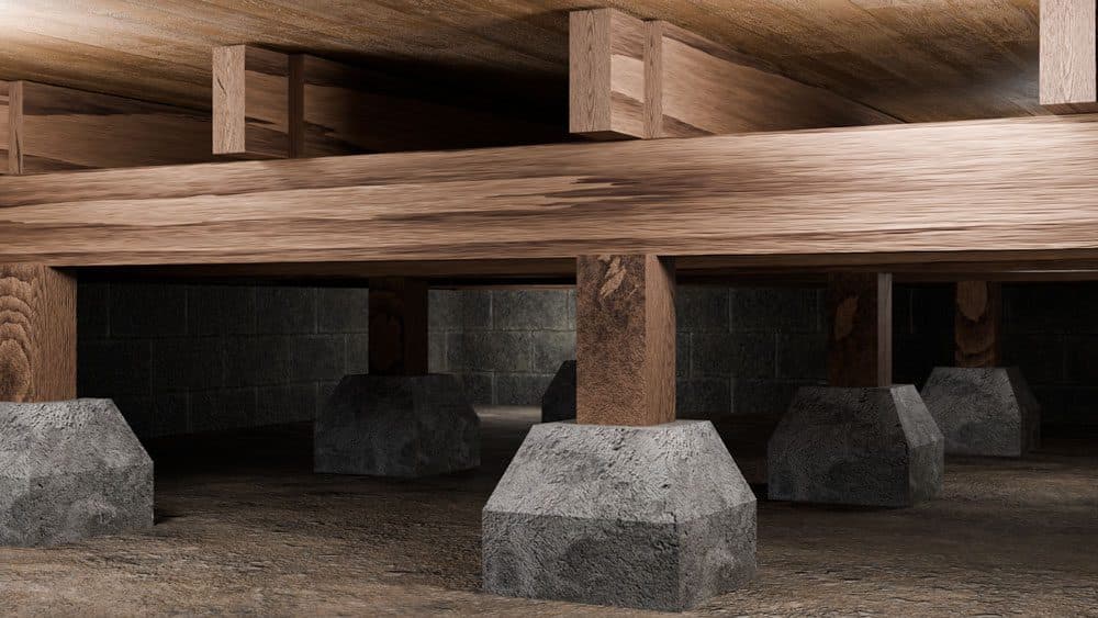 3D rendered cutaway of wood floor joists supported by concrete piers over a block wall crawl space
