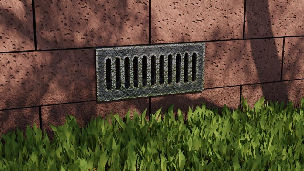 3D rendered close up of a metal foundation vent grille set into a brick foundation wall above green grass