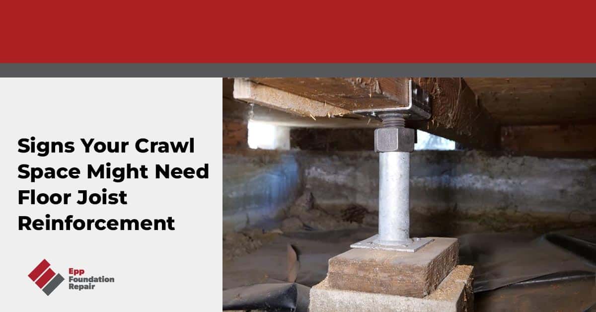 Text panel beside photo of an adjustable steel support jack installed beneath a wood floor joist in a crawl space