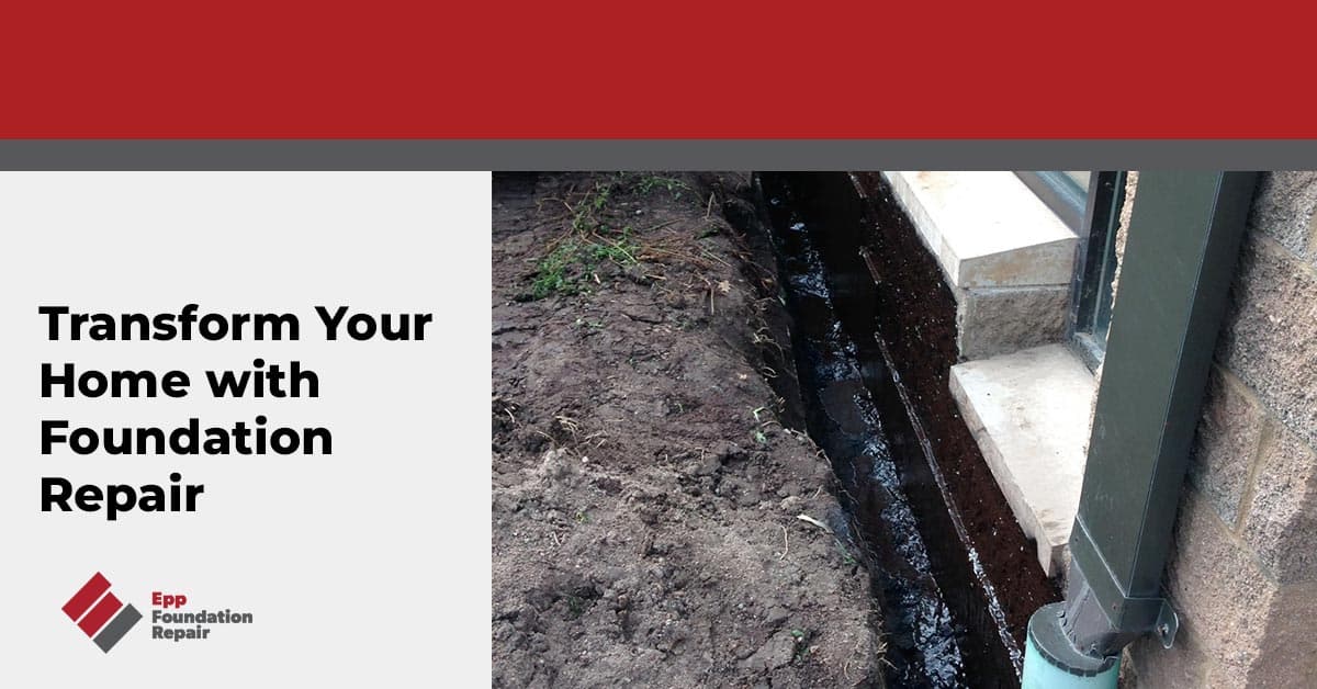 Text panel beside photo of a water filled exterior trench along a foundation wall with black membrane and downspout