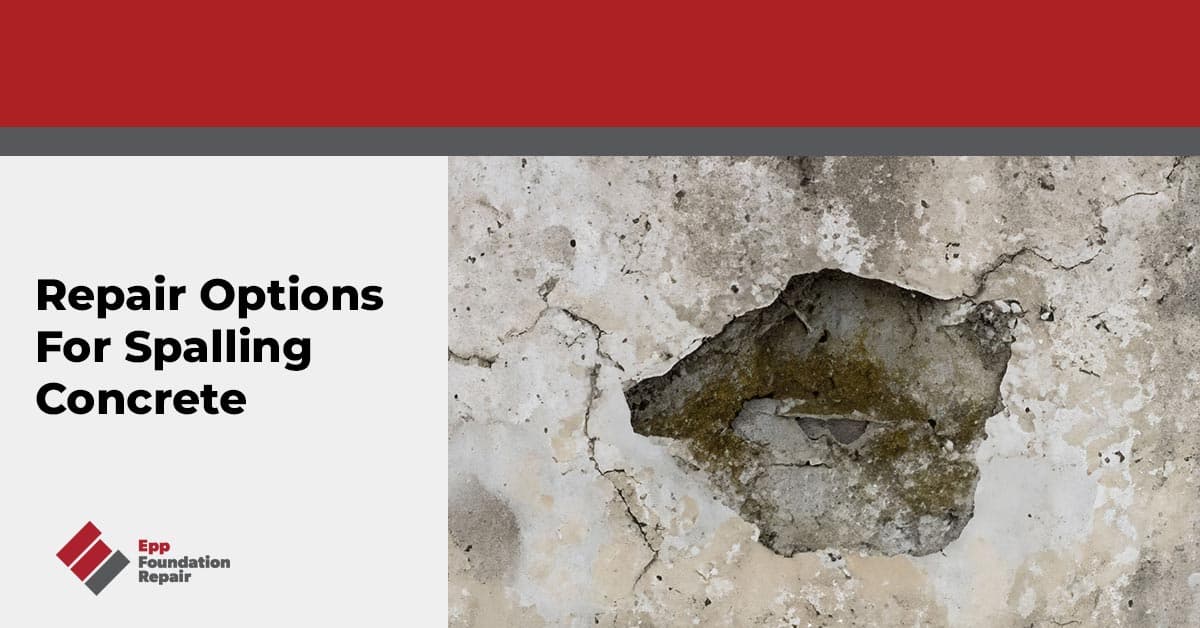 Text panel beside close up photo of spalling concrete with a mossy void and surrounding cracks