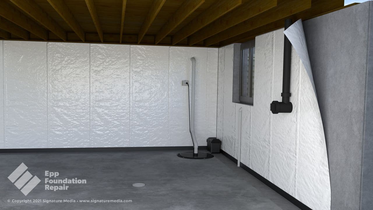 3D rendered crawl space with white vapor barrier wall panels a sump lid and PVC vent pipe