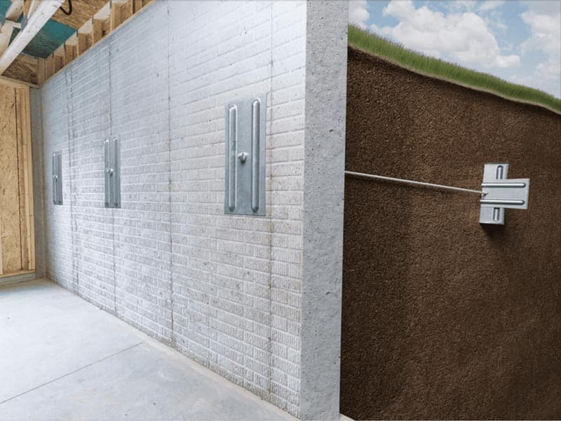 Rendered cutaway of a painted brick basement wall with three square anchor plates connected to an exterior soil anchor