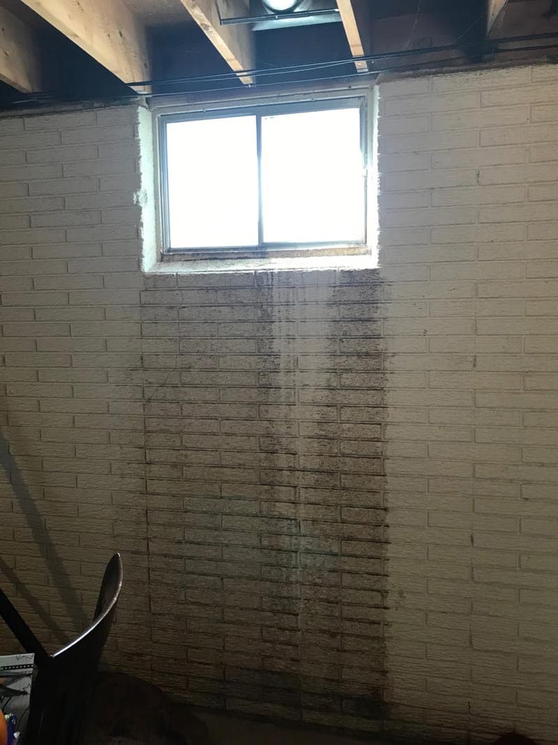 Close up photo of a white brick basement wall with dark water staining running down from a window