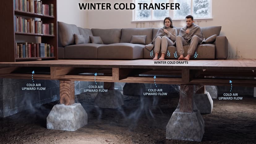 Epp Foundation Repair diagram illustrating cold air transfer from a crawl space causing cold floors and drafts.