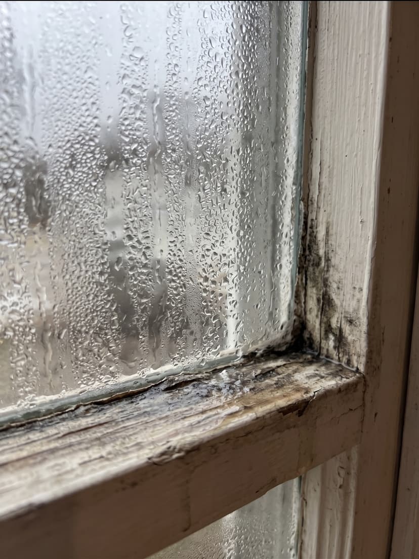 Epp Foundation Repair inspecting condensation and mold on a basement window frame.