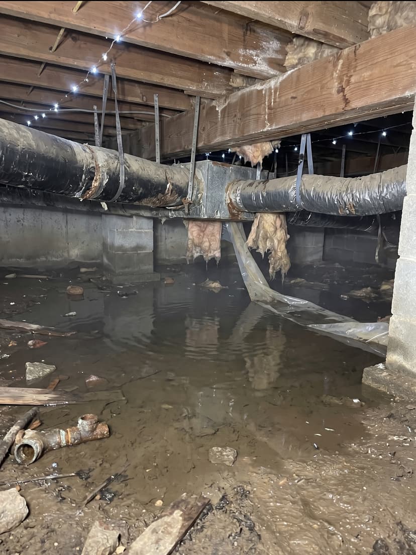 Epp Foundation Repair inspecting significant standing water and deteriorating insulation in a crawl space.