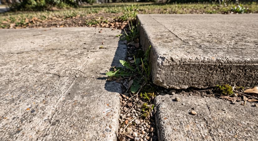 Epp Foundation Repair inspecting significant gaps and unevenness between concrete slabs on a walkway.