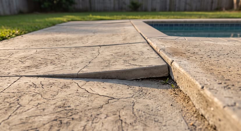 Epp Foundation Repair inspecting a sunken concrete pool deck with significant cracks and an uneven surface.