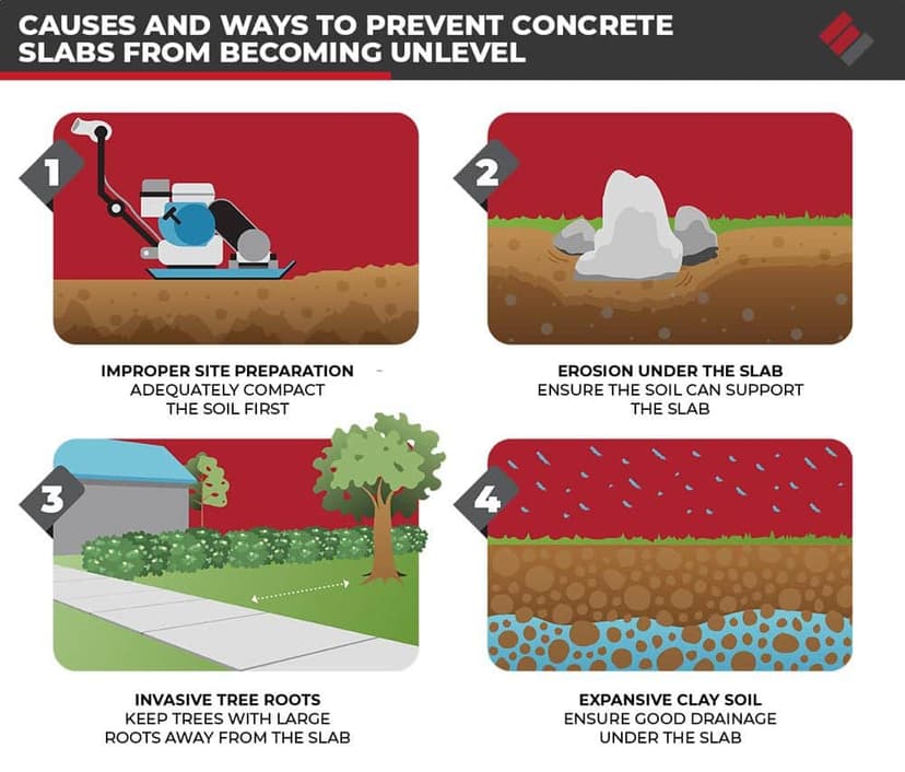 four panel infographic illustrating causes of unlevel concrete slabs, site prep, erosion, tree roots, and clay soil