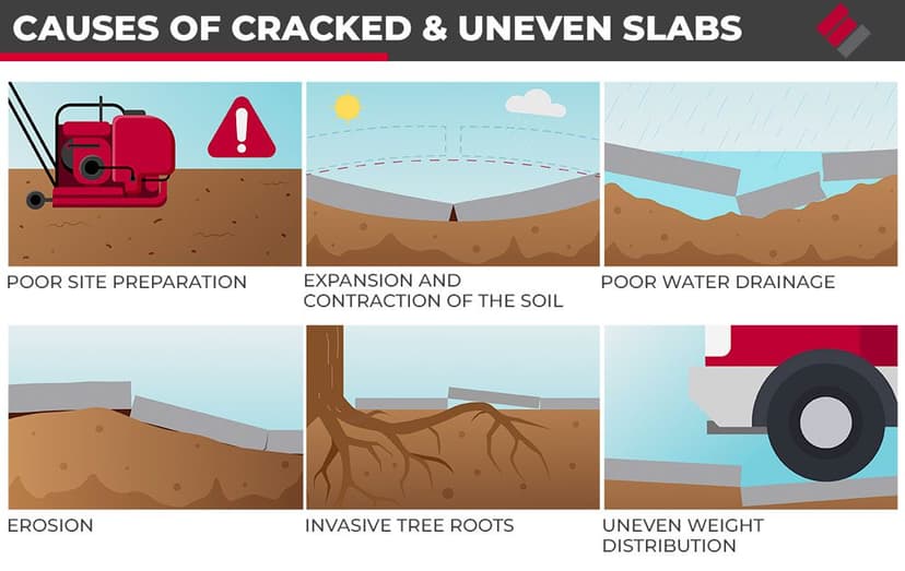 Icon infographic listing six causes of cracked and uneven concrete slabs