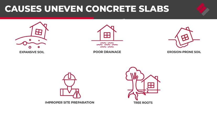 Five icon illustration of causes of uneven concrete slabs including expansive soil, poor drainage, erosion prone soil, improper site prep and tree roots