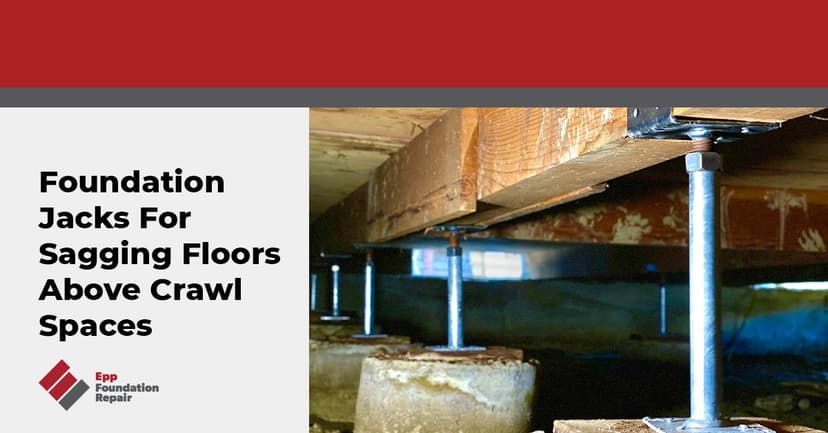 Text panel beside photo of several adjustable steel jacks installed under wood beams on concrete piers