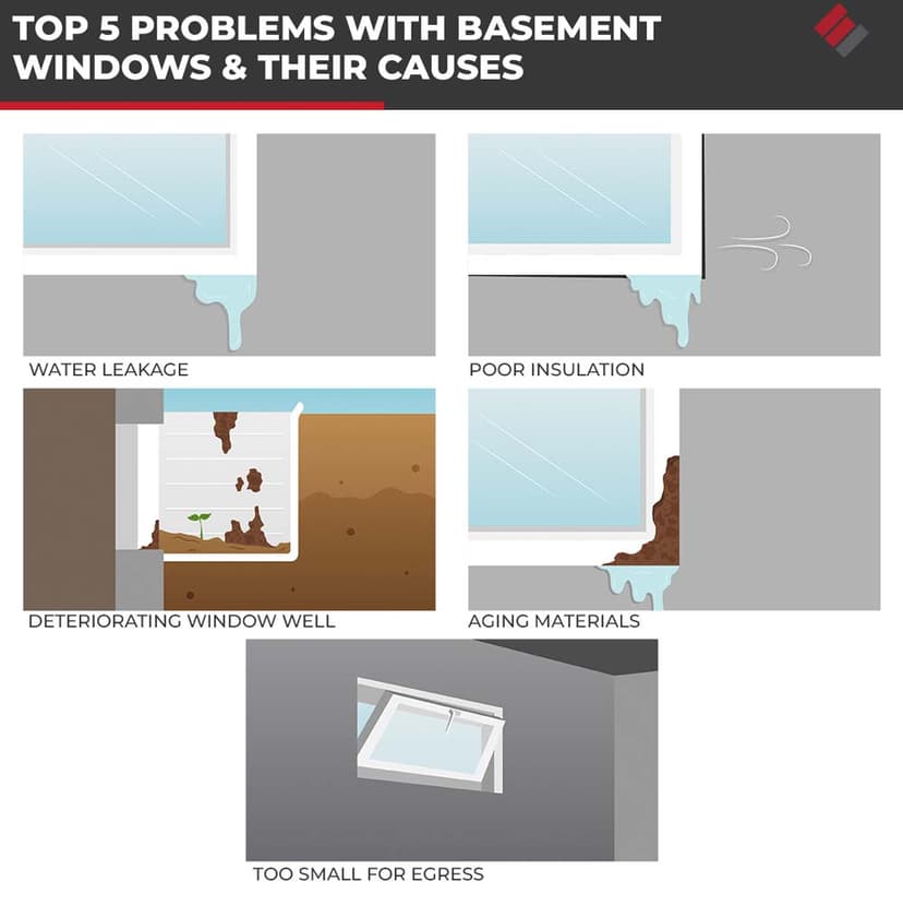 Five panel illustrated diagram of basement window problems including leakage and deteriorating window wells