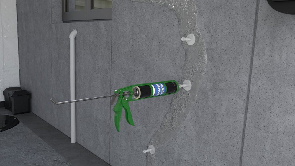 Illustration of crack injection repair: an applicator gun dispensing sealant into a surface-mounted injection port on a concrete foundation wall, with the crack capped by ports and surface sealant.