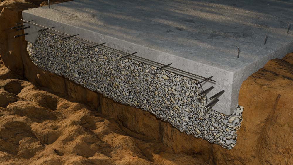 A slab foundation is a single layer of thick concrete poured directly on the ground. This layer rests on a bed of crushed gravel to improve drainage.